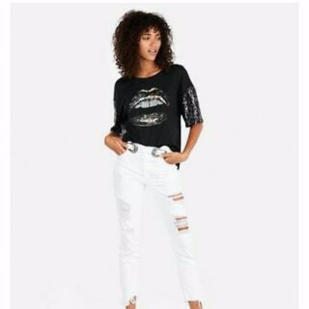 Express XXS Lips Sequin Sleeve Black Top